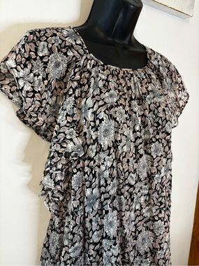 Rebecca Taylor Lindsey Silk Black Floral Ruffle Sleeve Blouse